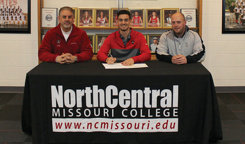 Pictured L-R: Father Dr. Lenny Klaver, Easton Klaver, NCMC Head Coach Craig Sager